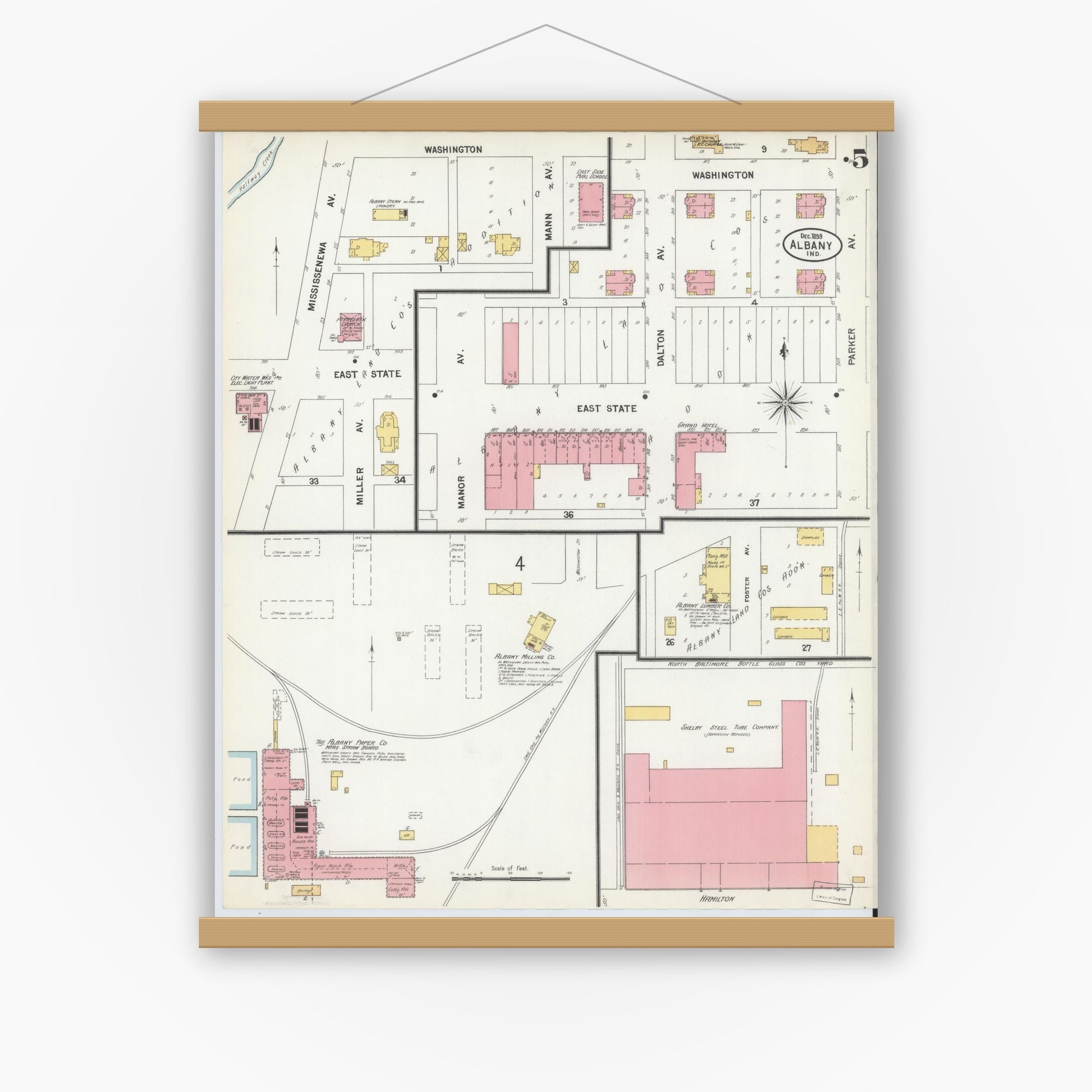 Old map wall art mockup — magnetic wood frame on white wall — Sanborn Fire Insurance Map from Albany, Delaware County, Indiana (1899), Sheet #0005