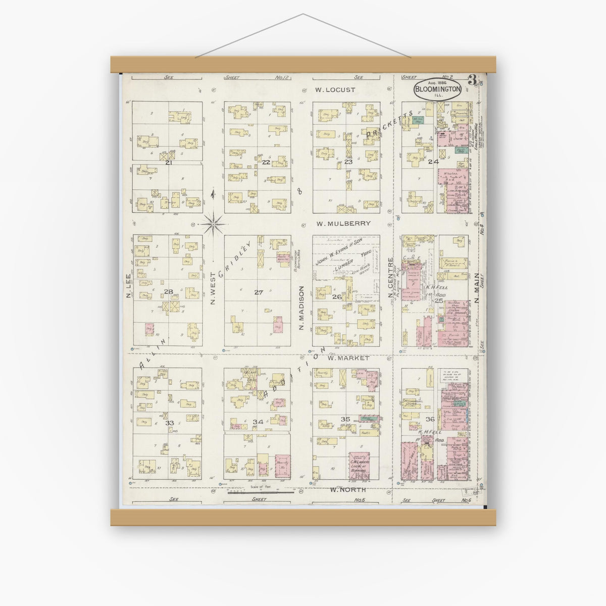 Old map wall art mockup — magnetic wood frame on white wall — Sanborn Fire Insurance Map from Bloomington, McLean County, Illinois (1886), Sheet #0003