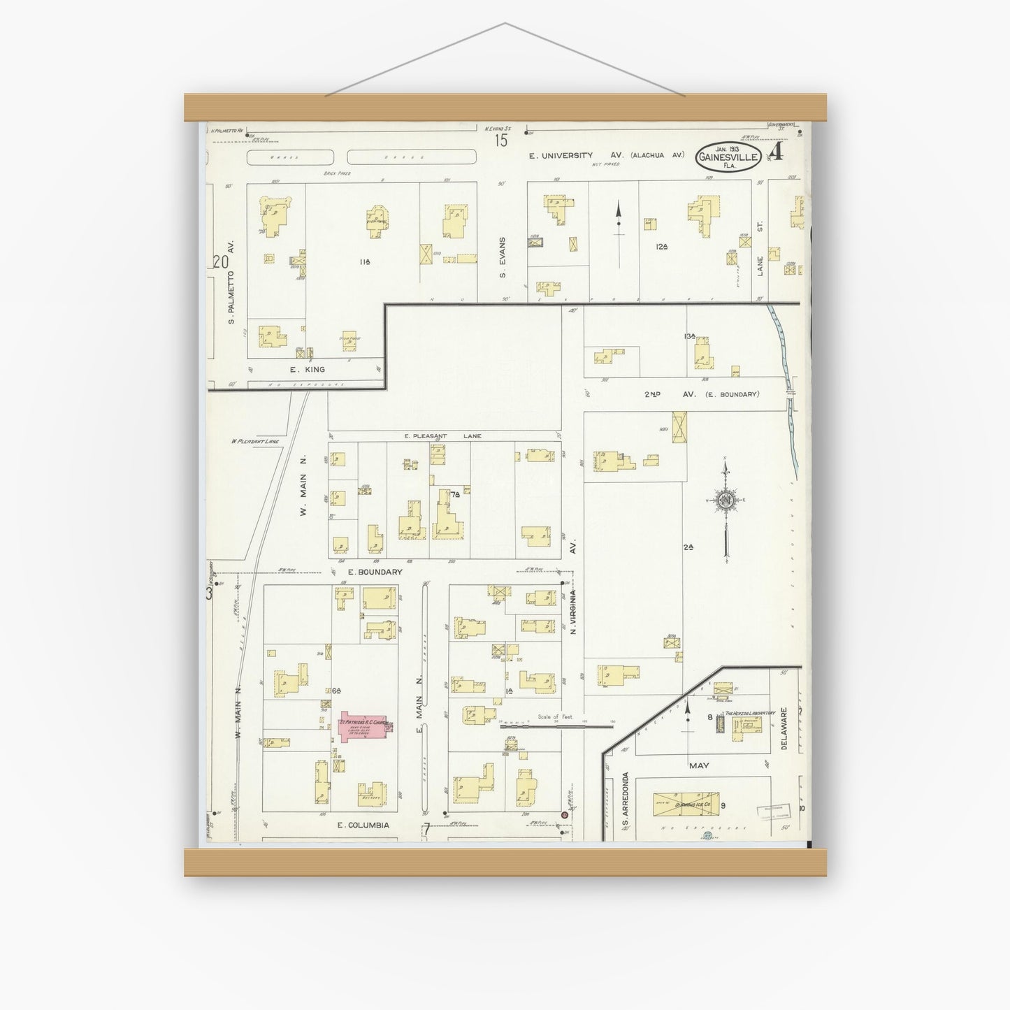 Old map wall art mockup — magnetic wood frame on white wall — Sanborn Fire Insurance Map from Gainesville, Alachua County, Florida (1913), Sheet #0004