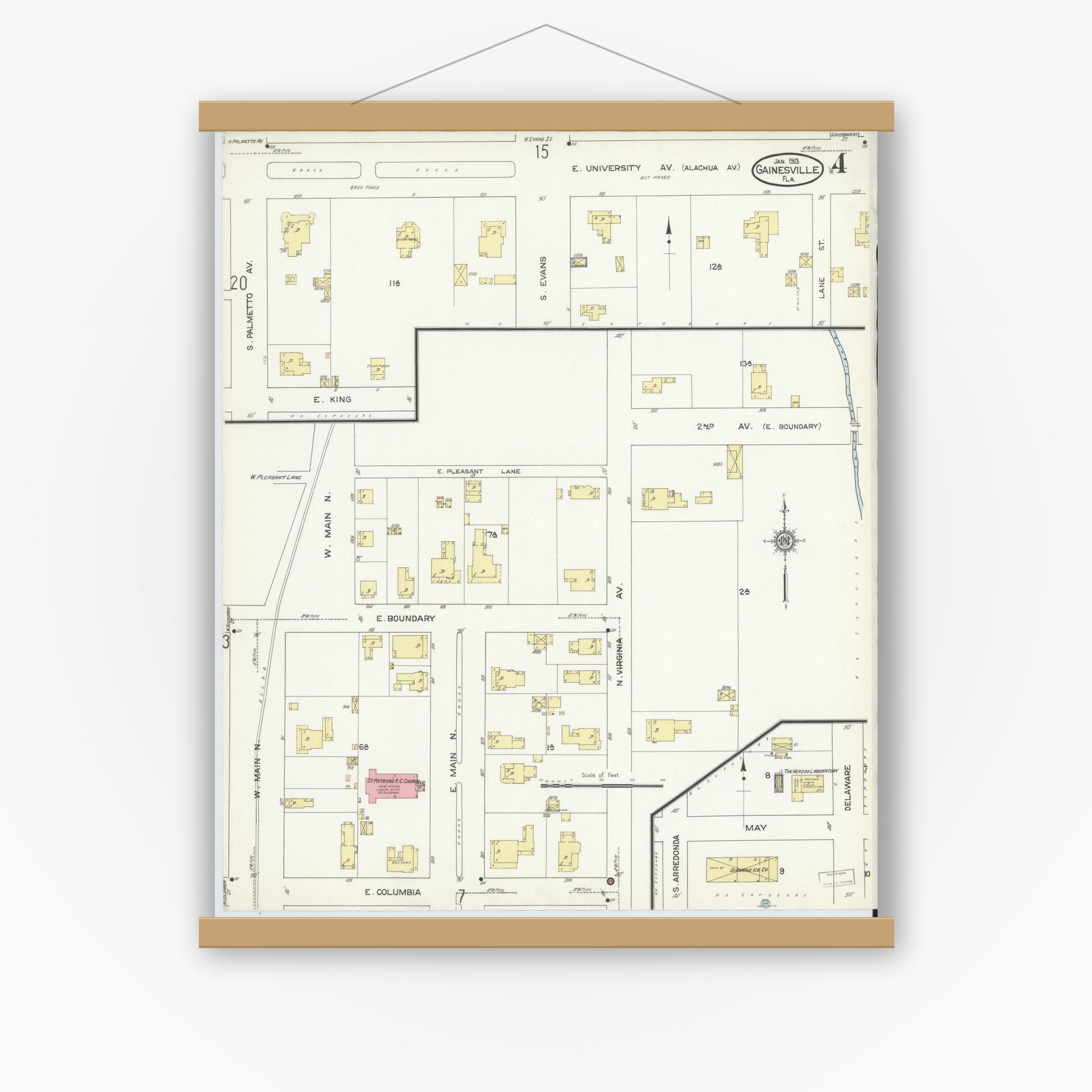 Old map wall art mockup — magnetic wood frame on white wall — Sanborn Fire Insurance Map from Gainesville, Alachua County, Florida (1913), Sheet #0004