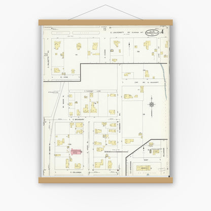 Old map wall art mockup — magnetic wood frame on white wall — Sanborn Fire Insurance Map from Gainesville, Alachua County, Florida (1913), Sheet #0004