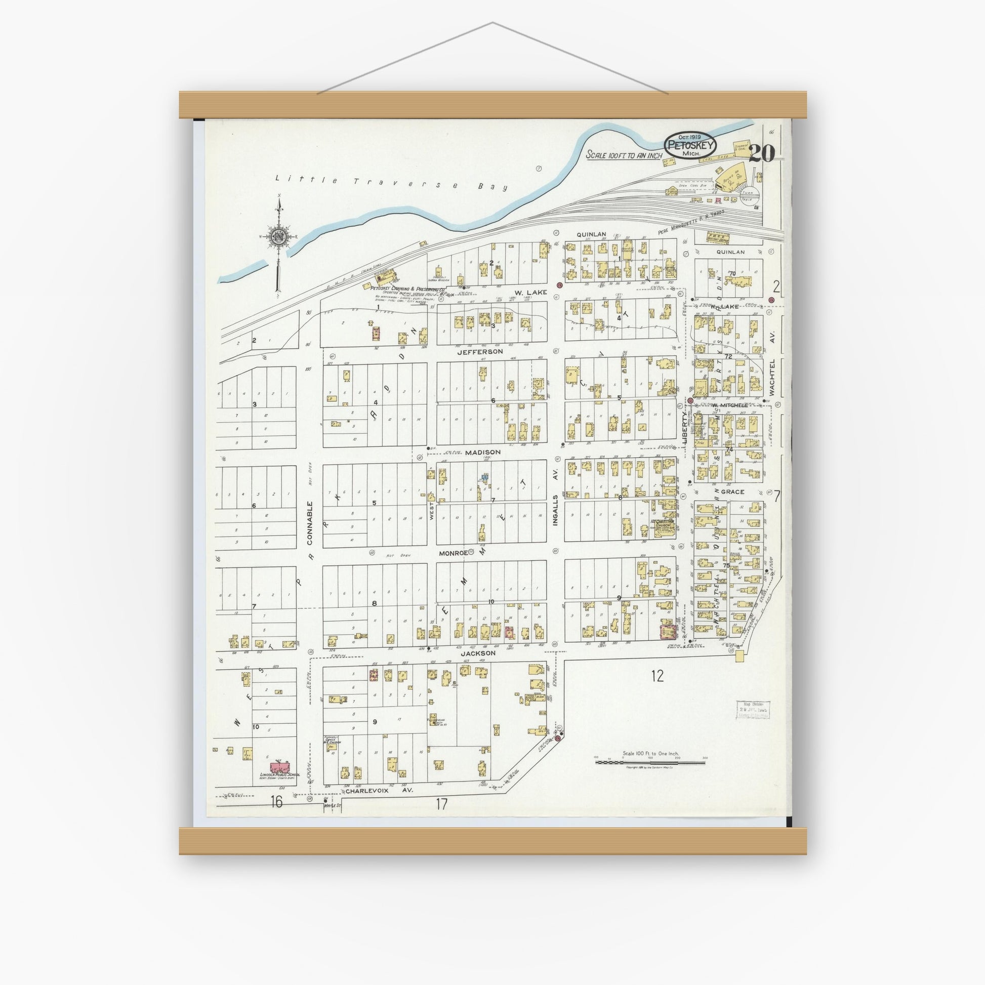 Old map wall art mockup — magnetic wood frame on white wall — Sanborn Fire Insurance Map from Petoskey, Emmet County, Michigan (1919), Sheet #0020