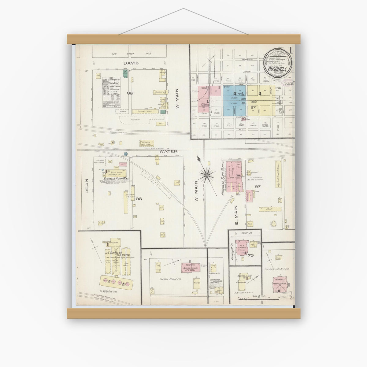 Old map wall art mockup — magnetic wood frame on white wall — Sanborn Fire Insurance Map from Bushnell, Mcdonough County, Illinois (1886), Sheet #0001