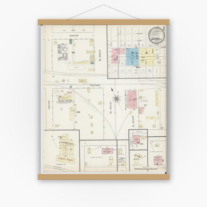 Old map wall art mockup — magnetic wood frame on white wall — Sanborn Fire Insurance Map from Bushnell, Mcdonough County, Illinois (1886), Sheet #0001