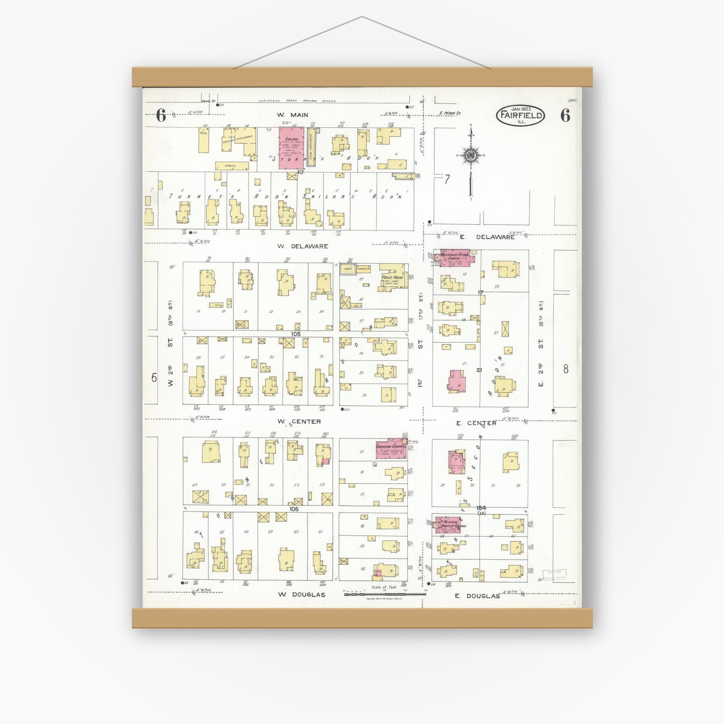 Old map wall art mockup — magnetic wood frame on white wall — Sanborn Fire Insurance Map from Fairfield, Wayne County, Illinois (1923), Sheet #0006