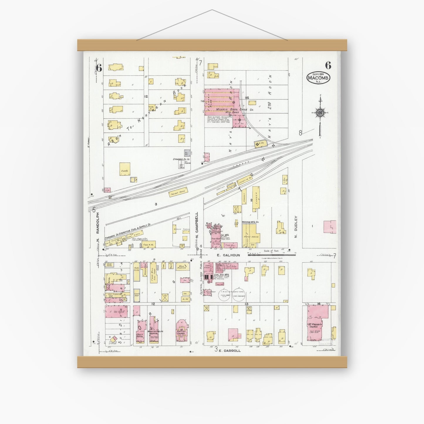 Old map wall art mockup — magnetic wood frame on white wall — Sanborn Fire Insurance Map from Macomb, Mcdonough County, Illinois (1924), Sheet #0006