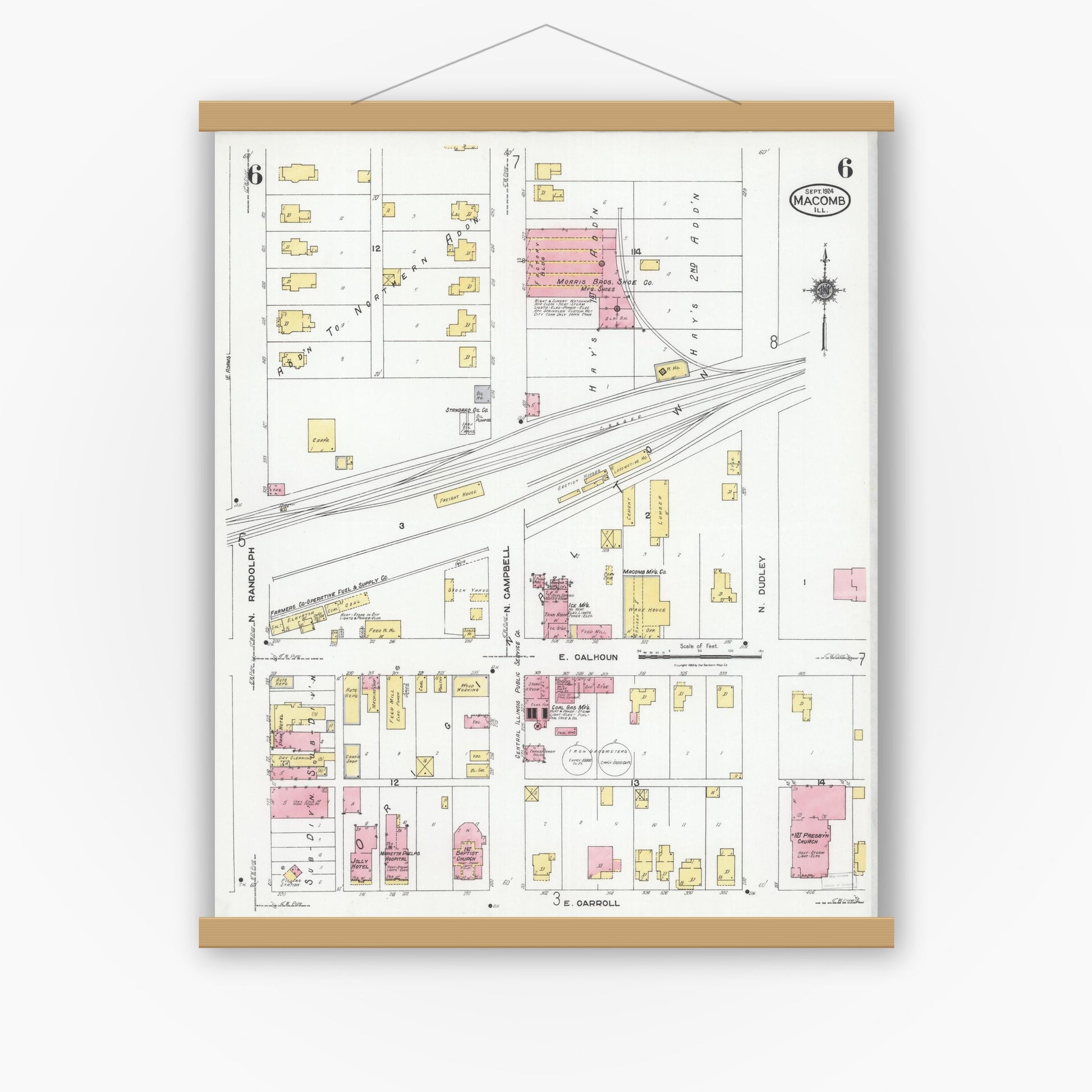 Old map wall art mockup — magnetic wood frame on white wall — Sanborn Fire Insurance Map from Macomb, Mcdonough County, Illinois (1924), Sheet #0006