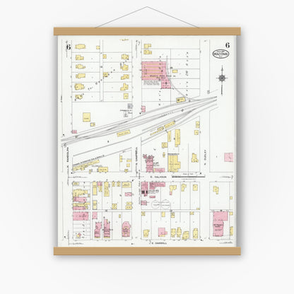 Old map wall art mockup — magnetic wood frame on white wall — Sanborn Fire Insurance Map from Macomb, Mcdonough County, Illinois (1924), Sheet #0006