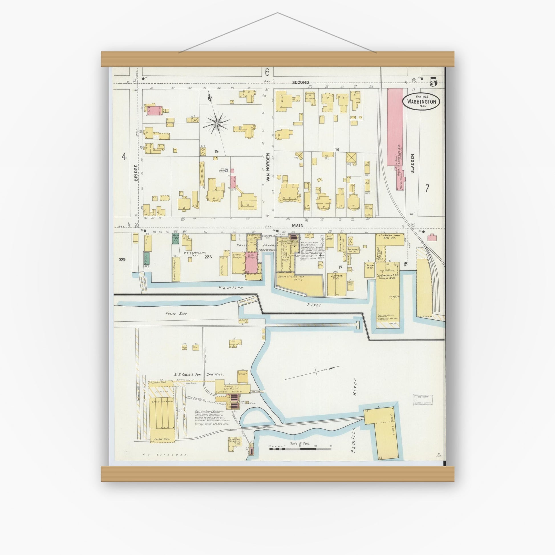 Old map wall art mockup — magnetic wood frame on white wall — Sanborn Fire Insurance Map from Washington, Beaufort County, North Carolina (1904), Sheet #0005