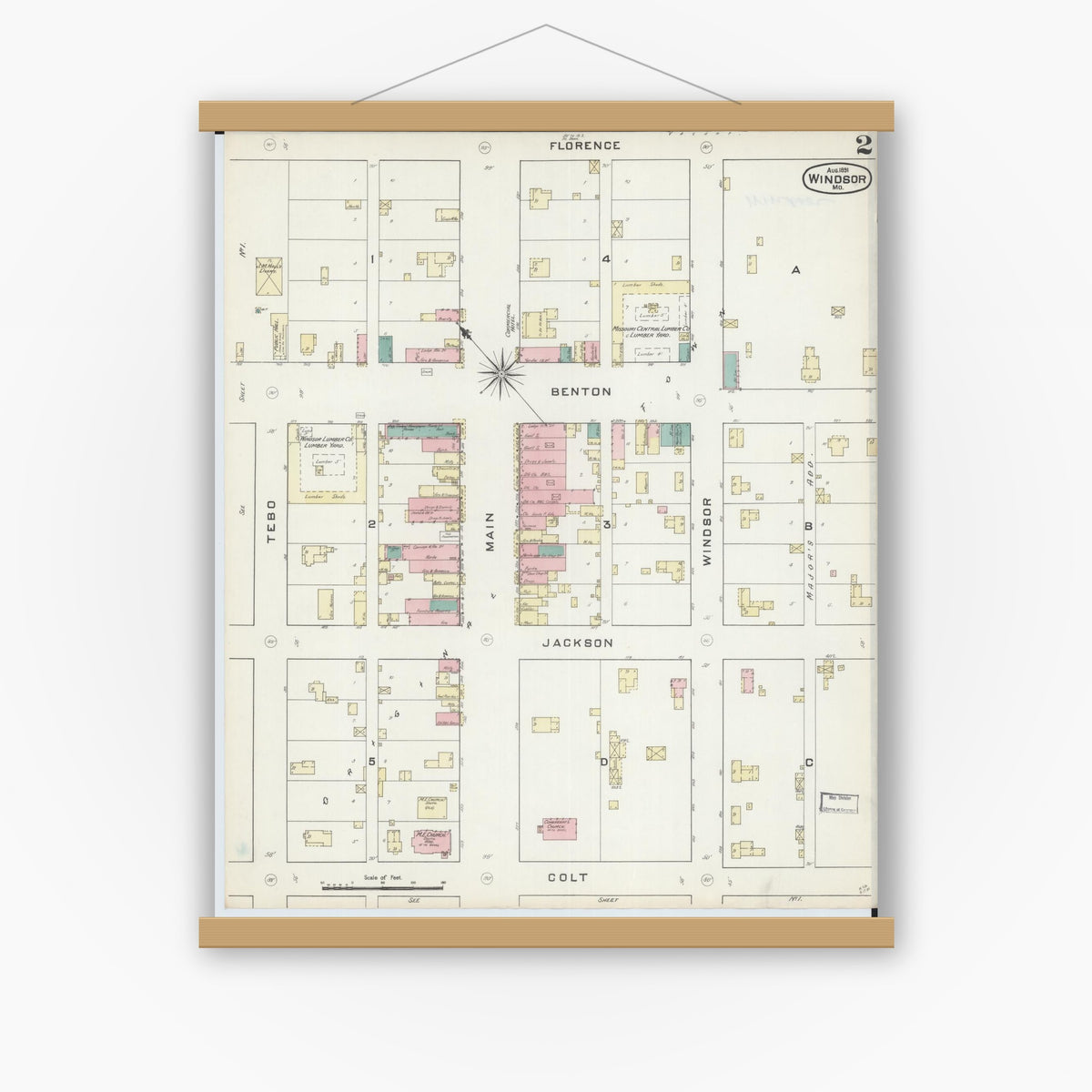 Old map wall art mockup — magnetic wood frame on white wall — Sanborn Fire Insurance Map from Windsor, Henry County, Missouri (1891), Sheet #0002