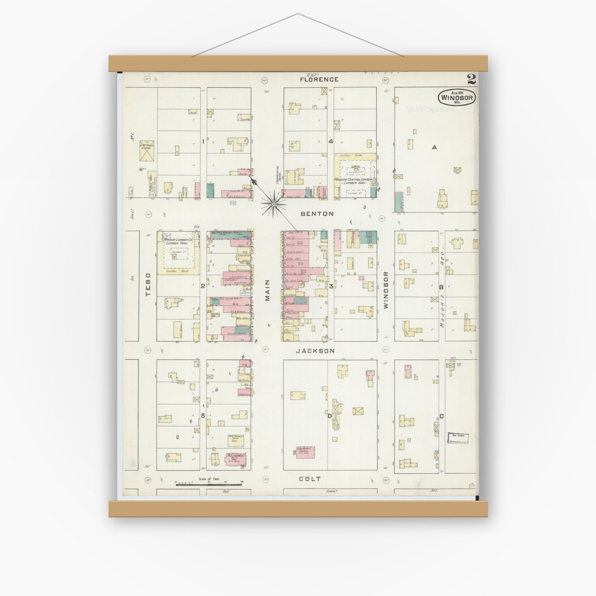 Old map wall art mockup — magnetic wood frame on white wall — Sanborn Fire Insurance Map from Windsor, Henry County, Missouri (1891), Sheet #0002