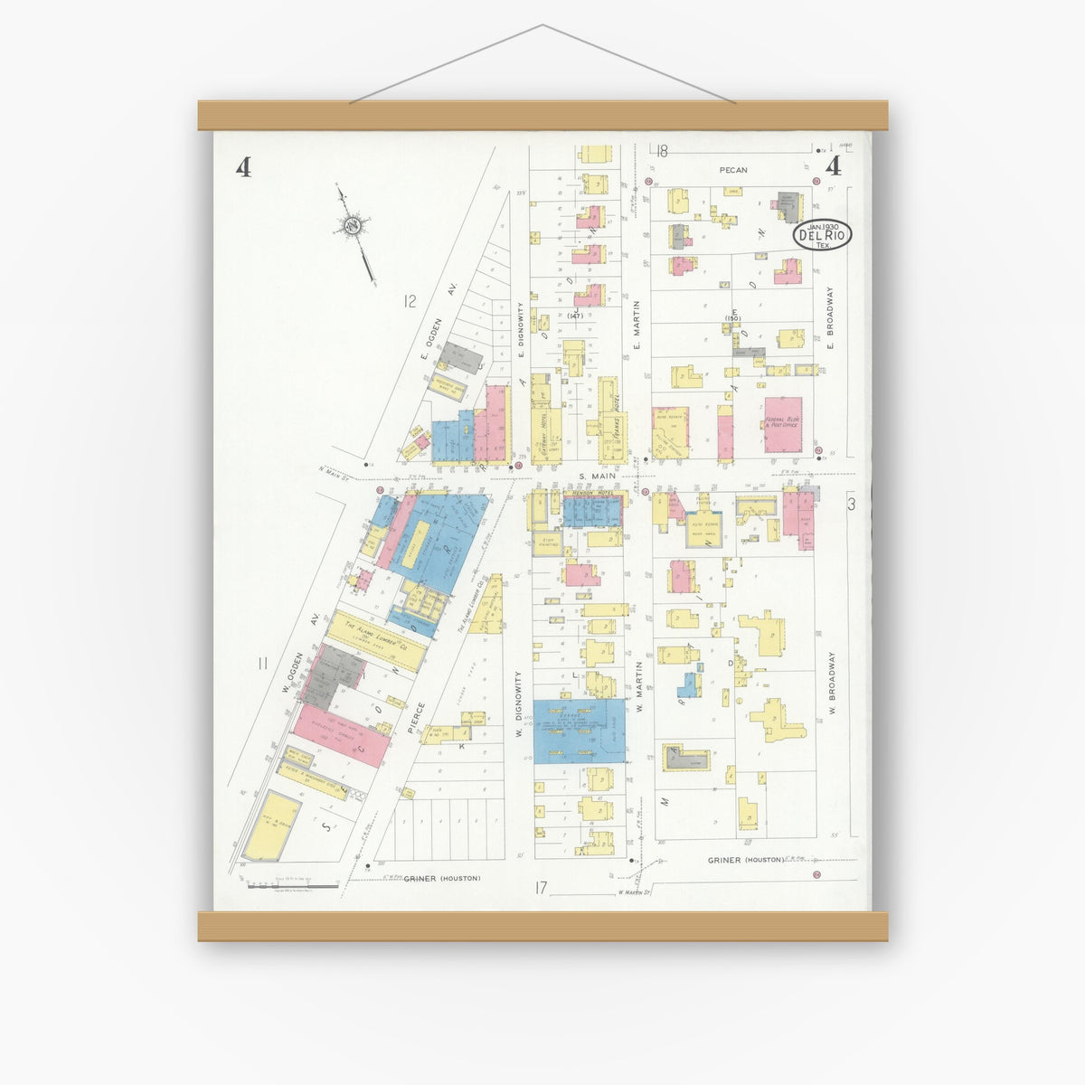 Old map wall art mockup — magnetic wood frame on white wall — Sanborn Fire Insurance Map from Del Rio, Val Verde County, Texas (1930), Sheet #0004