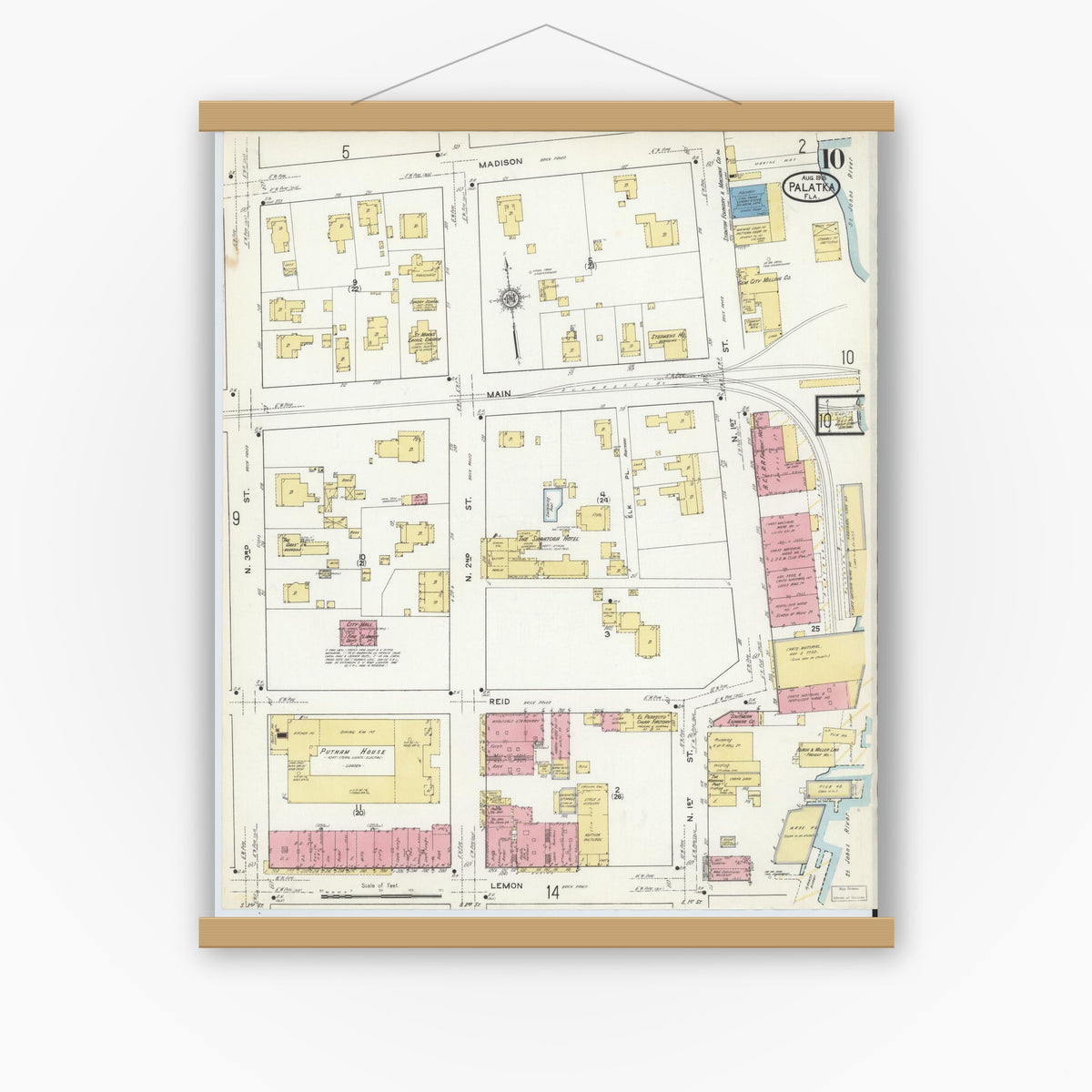Old map wall art mockup — magnetic wood frame on white wall — Sanborn Fire Insurance Map from Palatka, Putnam County, Florida (1915), Sheet #0010