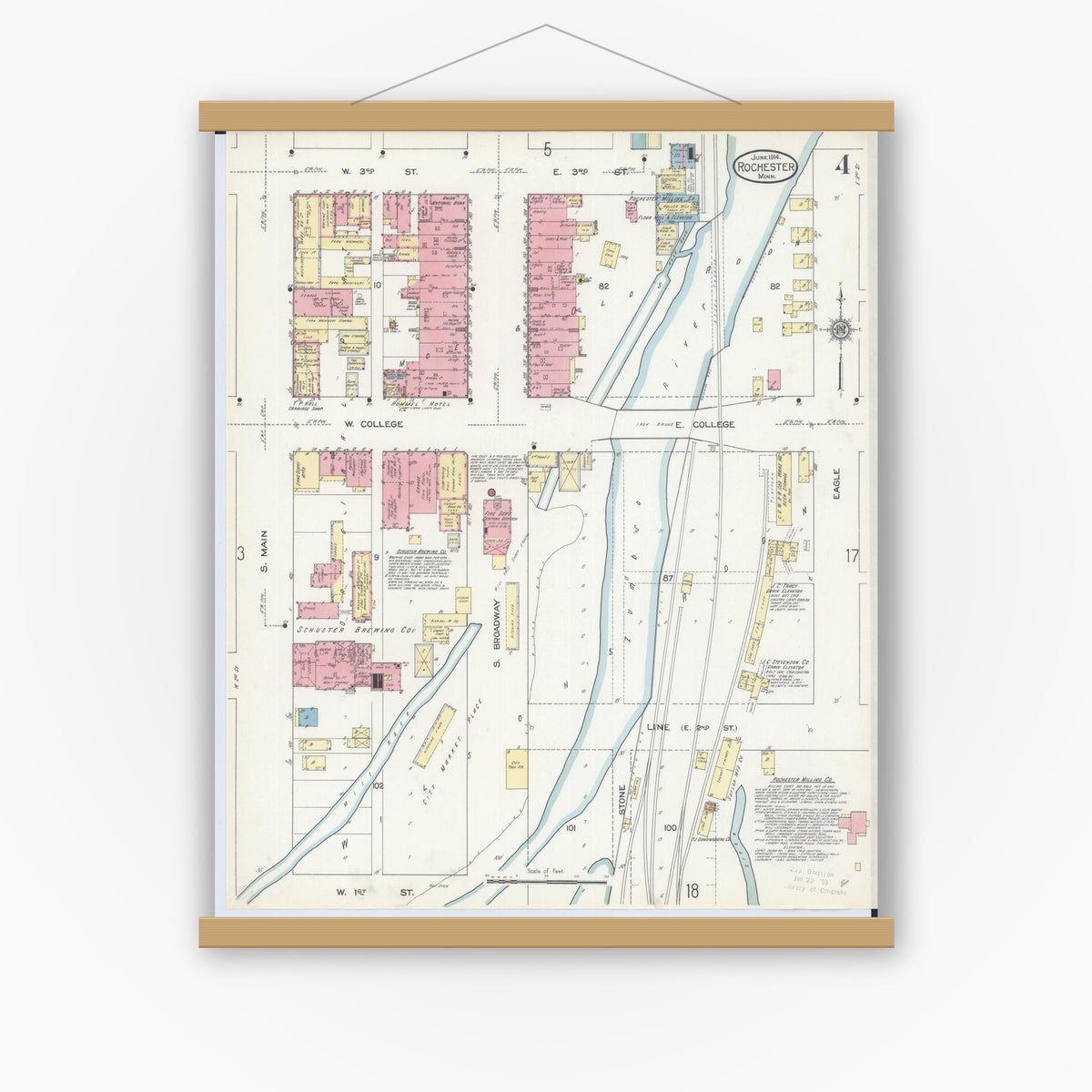 Old map wall art mockup — magnetic wood frame on white wall — Sanborn Fire Insurance Map from Rochester, Olmsted County, Minnesota (1914), Sheet #0004