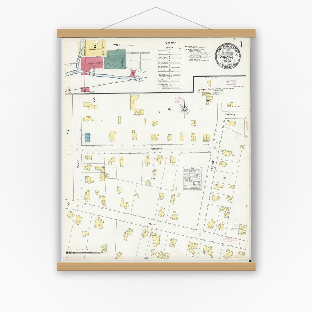 Old map wall art mockup — magnetic wood frame on white wall — Sanborn Fire Insurance Map from Savona, Steuben County, New York (1909), Sheet #0001