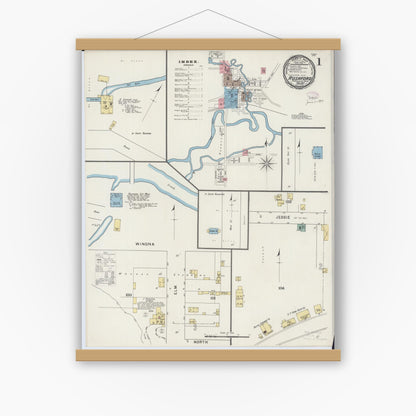 Old map wall art mockup — magnetic wood frame on white wall — Sanborn Fire Insurance Map from Rushford, Fillmore County, Minnesota (1894) - Complete Map Set