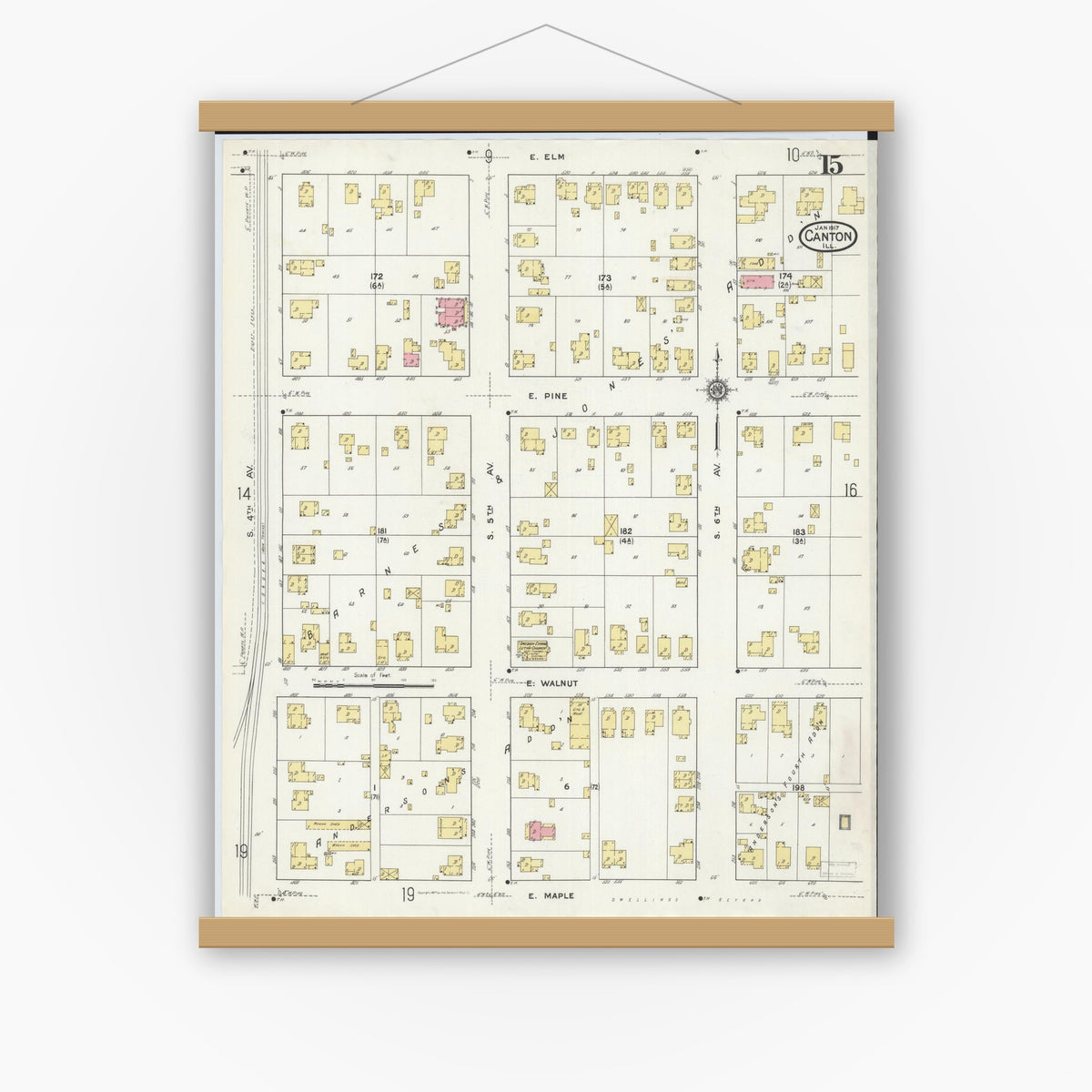 Old map wall art mockup — magnetic wood frame on white wall — Sanborn Fire Insurance Map from Canton, Fulton County, Illinois (1917), Sheet #0015