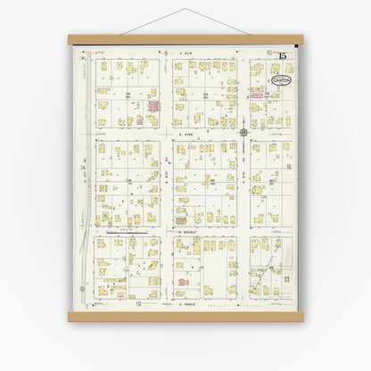 Old map wall art mockup — magnetic wood frame on white wall — Sanborn Fire Insurance Map from Canton, Fulton County, Illinois (1917), Sheet #0015