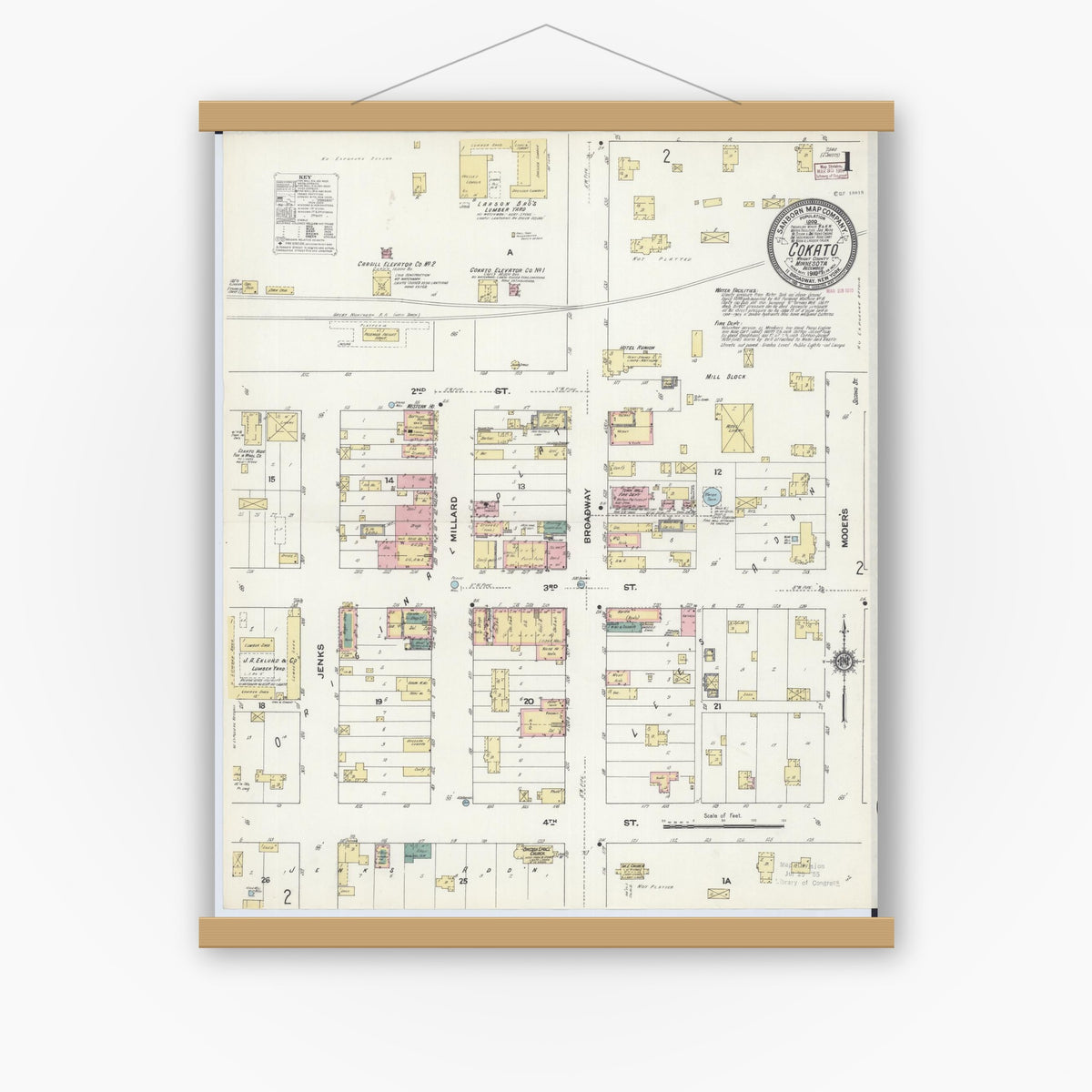 Old map wall art mockup — magnetic wood frame on white wall — Sanborn Fire Insurance Map from Cokato, Wright County, Minnesota (1909), Sheet #0001