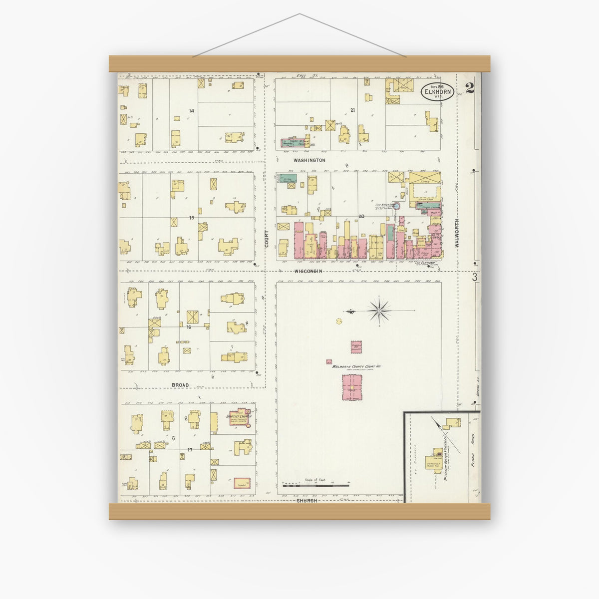Old map wall art mockup — magnetic wood frame on white wall — Sanborn Fire Insurance Map from Elkhorn, Walworth County, Wisconsin (1898), Sheet #0002