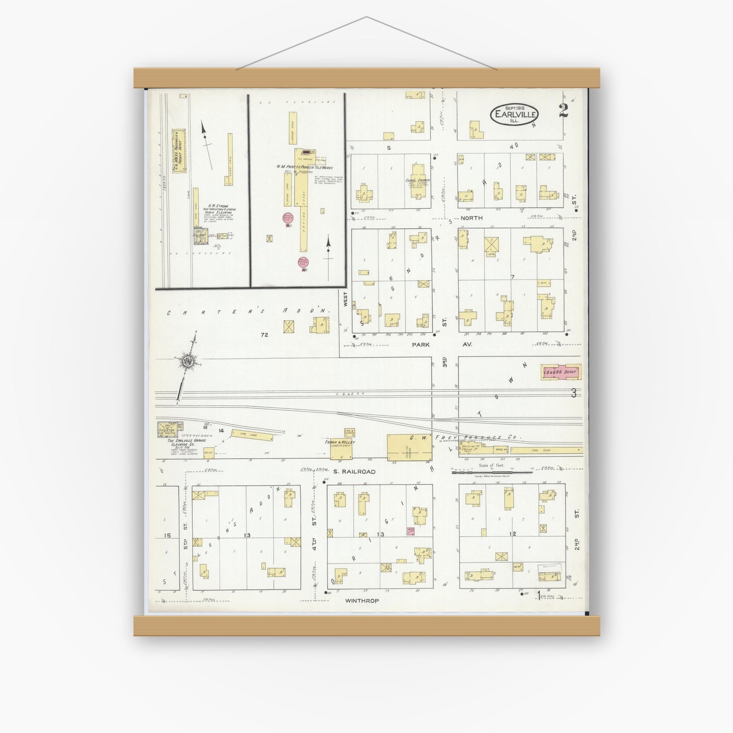 Old map wall art mockup — magnetic wood frame on white wall — Sanborn Fire Insurance Map from Earlville, La Salle County, Illinois (1918), Sheet #0002