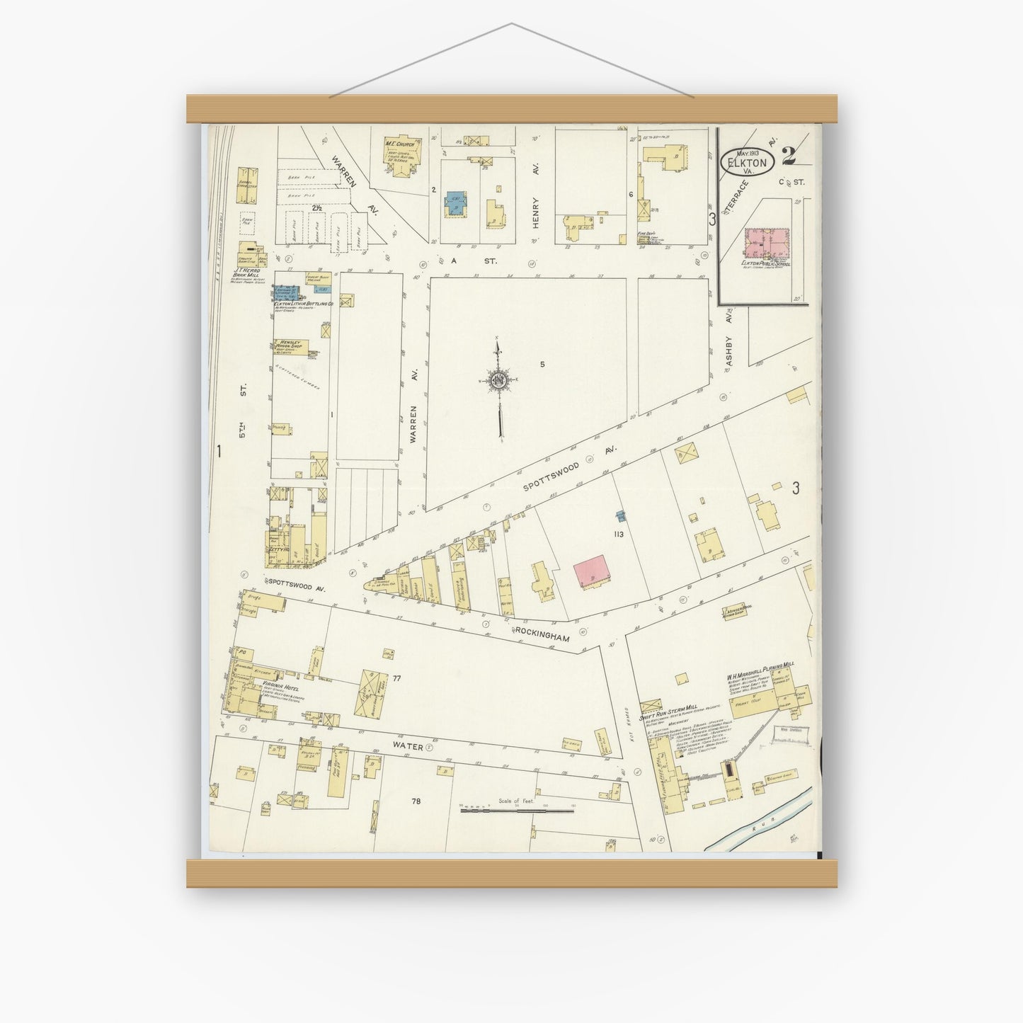Old map wall art mockup — magnetic wood frame on white wall — Sanborn Fire Insurance Map from Elkton, Rockingham County, Virginia (1913), Sheet #0002