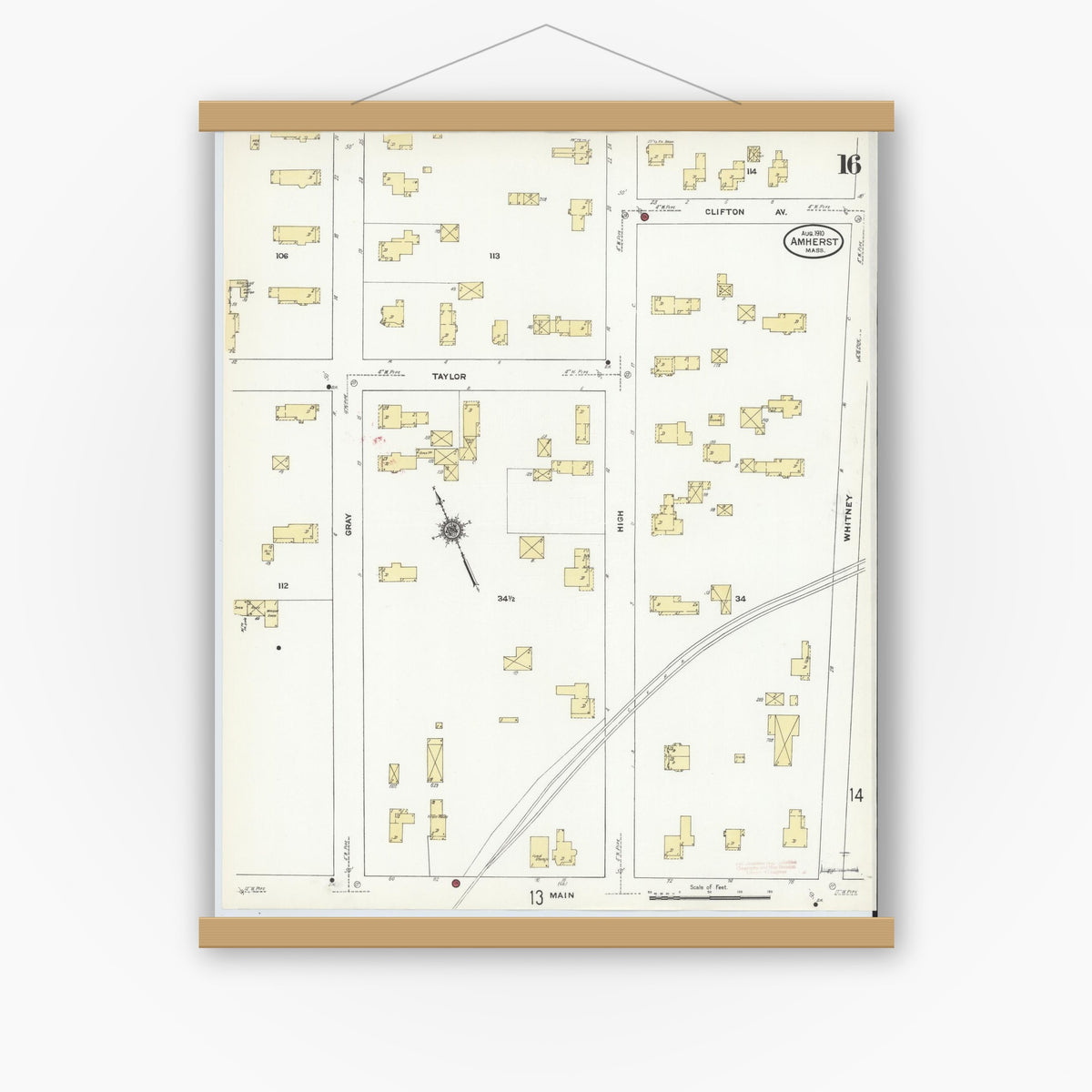 Old map wall art mockup — magnetic wood frame on white wall — Sanborn Fire Insurance Map from Amherst, Hampshire County, Massachusetts (1910), Sheet #0016