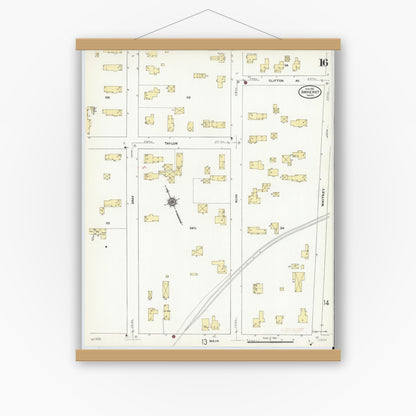 Old map wall art mockup — magnetic wood frame on white wall — Sanborn Fire Insurance Map from Amherst, Hampshire County, Massachusetts (1910), Sheet #0016