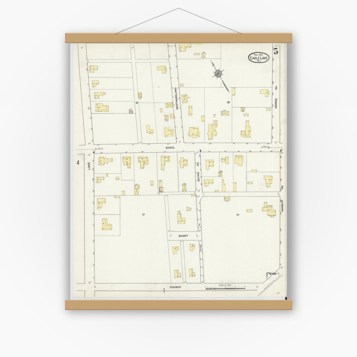 Old map wall art mockup — magnetic wood frame on white wall — Sanborn Fire Insurance Map from Eagle Lake, Colorado County, Texas (1912), Sheet #0005