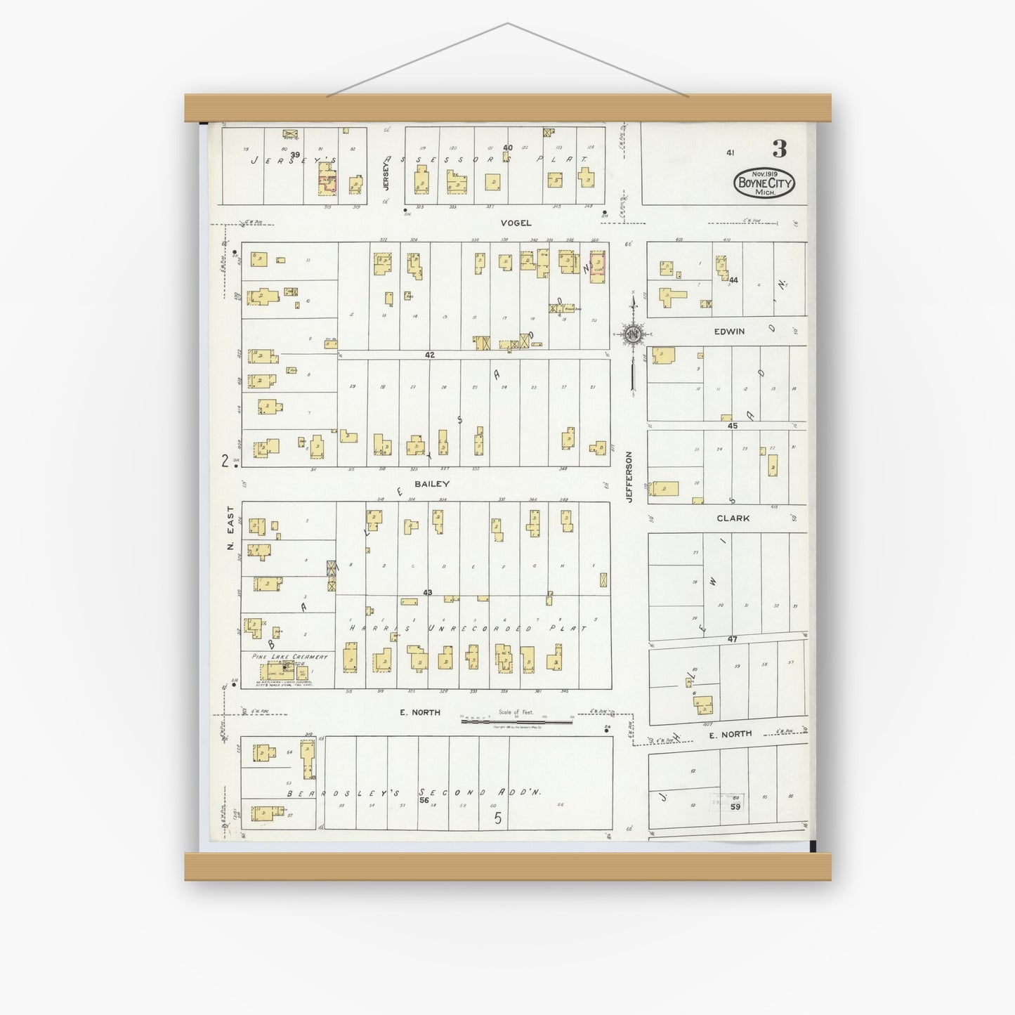 Old map wall art mockup — magnetic wood frame on white wall — Sanborn Fire Insurance Map from Boyne City, Charlevoix County, Michigan (1919), Sheet #0003