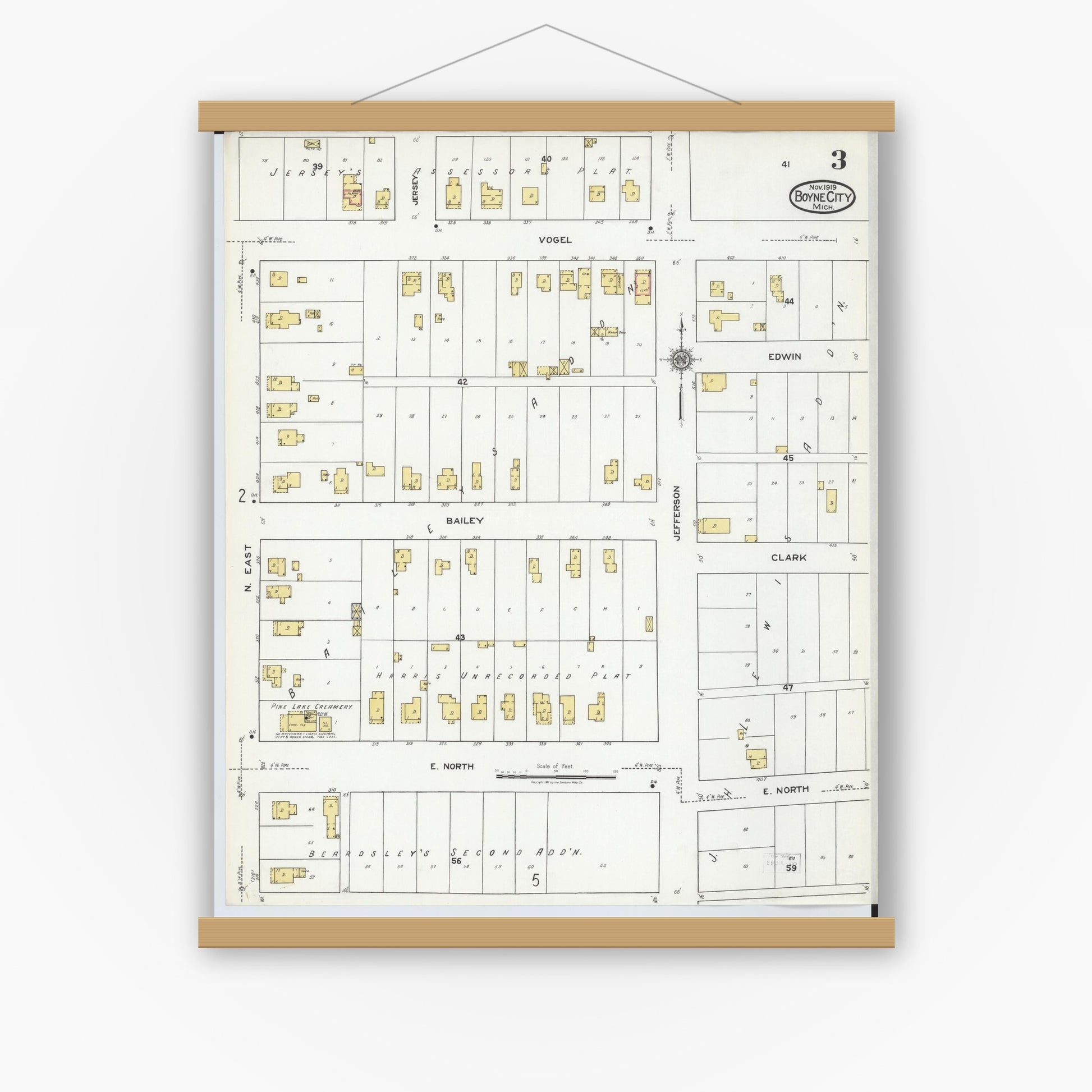 Old map wall art mockup — magnetic wood frame on white wall — Sanborn Fire Insurance Map from Boyne City, Charlevoix County, Michigan (1919), Sheet #0003