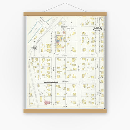 Old map wall art mockup — magnetic wood frame on white wall — Sanborn Fire Insurance Map from Three Rivers, Saint Joseph County, Michigan (1909), Sheet #0006
