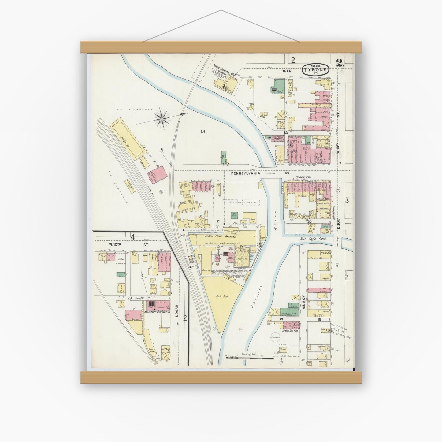 Old map wall art mockup — magnetic wood frame on white wall — Sanborn Fire Insurance Map from Tyrone, Blair County, Pennsylvania (1896), Sheet #0002