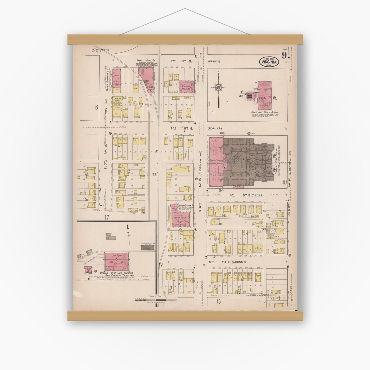 Old map wall art mockup — magnetic wood frame on white wall — Sanborn Fire Insurance Map from Virginia, Saint Louis County, Minnesota (1921), Sheet #0009