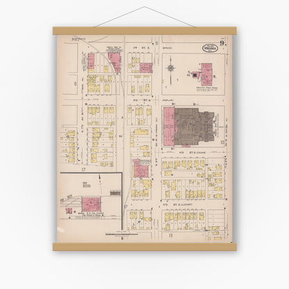 Old map wall art mockup — magnetic wood frame on white wall — Sanborn Fire Insurance Map from Virginia, Saint Louis County, Minnesota (1921), Sheet #0009