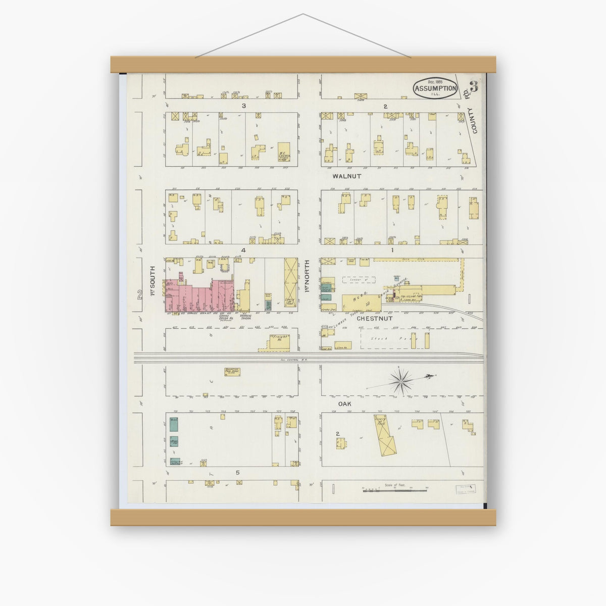 Old map wall art mockup — magnetic wood frame on white wall — Sanborn Fire Insurance Map from Assumption, Christian County, Illinois (1893), Sheet #0003