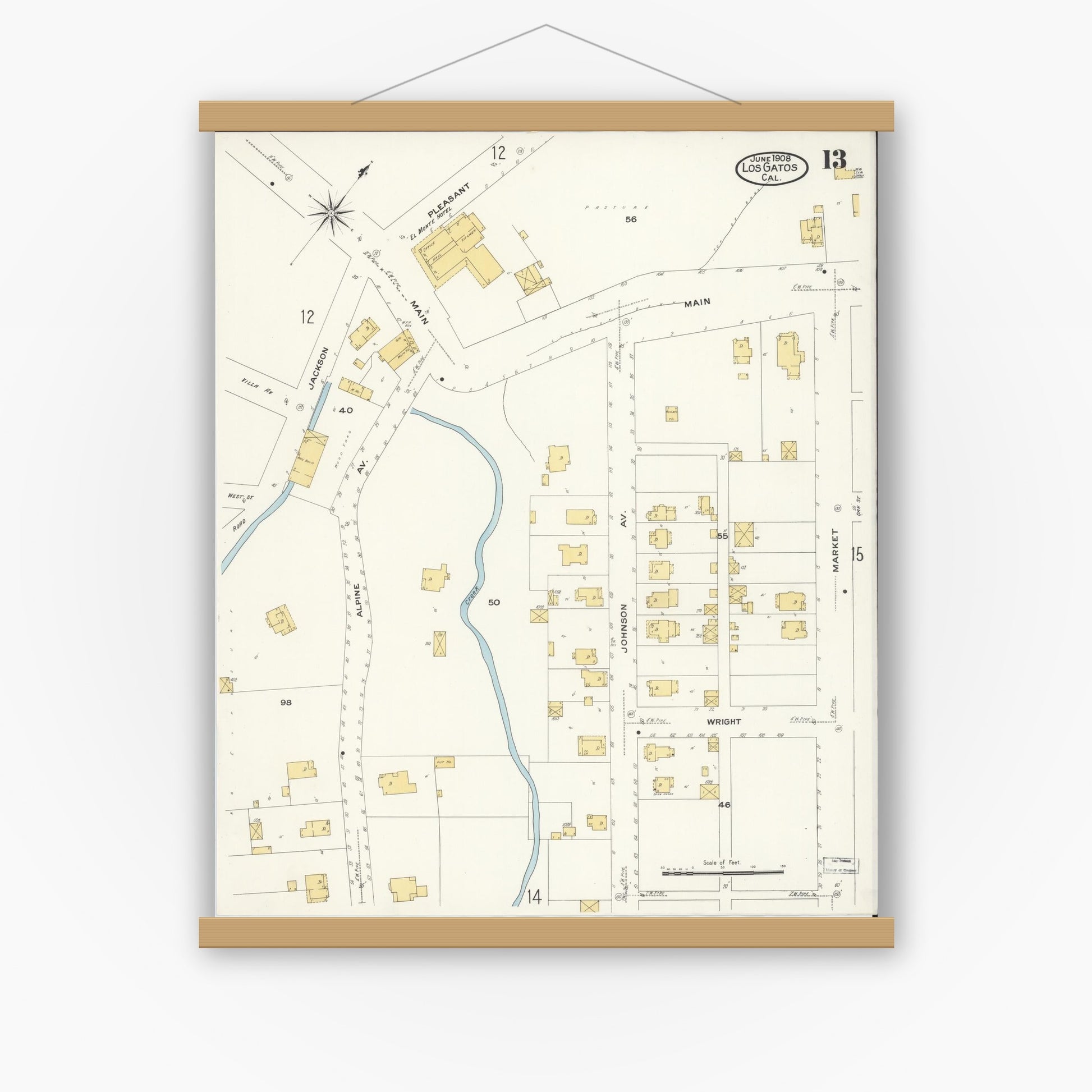 Old map wall art mockup — magnetic wood frame on white wall — Sanborn Fire Insurance Map from Los Gatos, Santa Clara County, California (1908), Sheet #0013