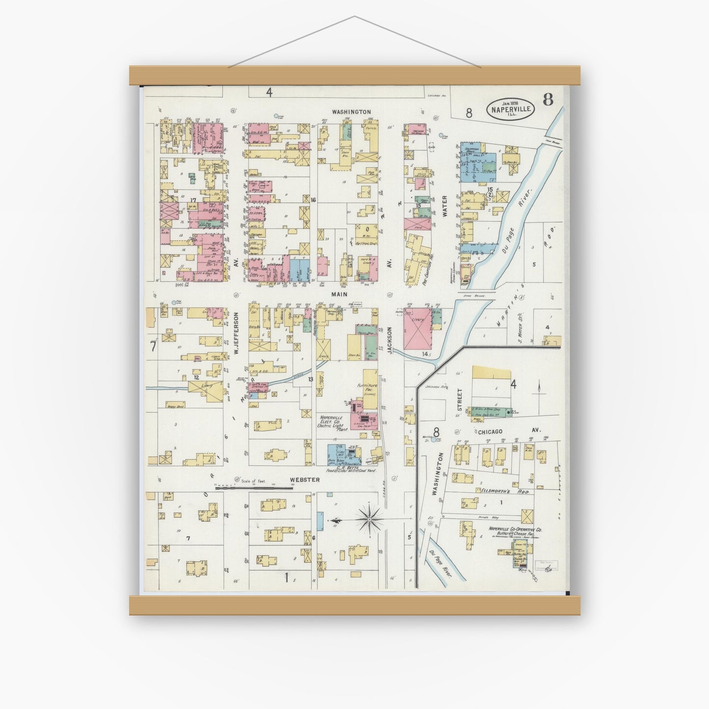 Old map wall art mockup — magnetic wood frame on white wall — Sanborn Fire Insurance Map from Naperville, Du Page County, Illinois (1898), Sheet #0008