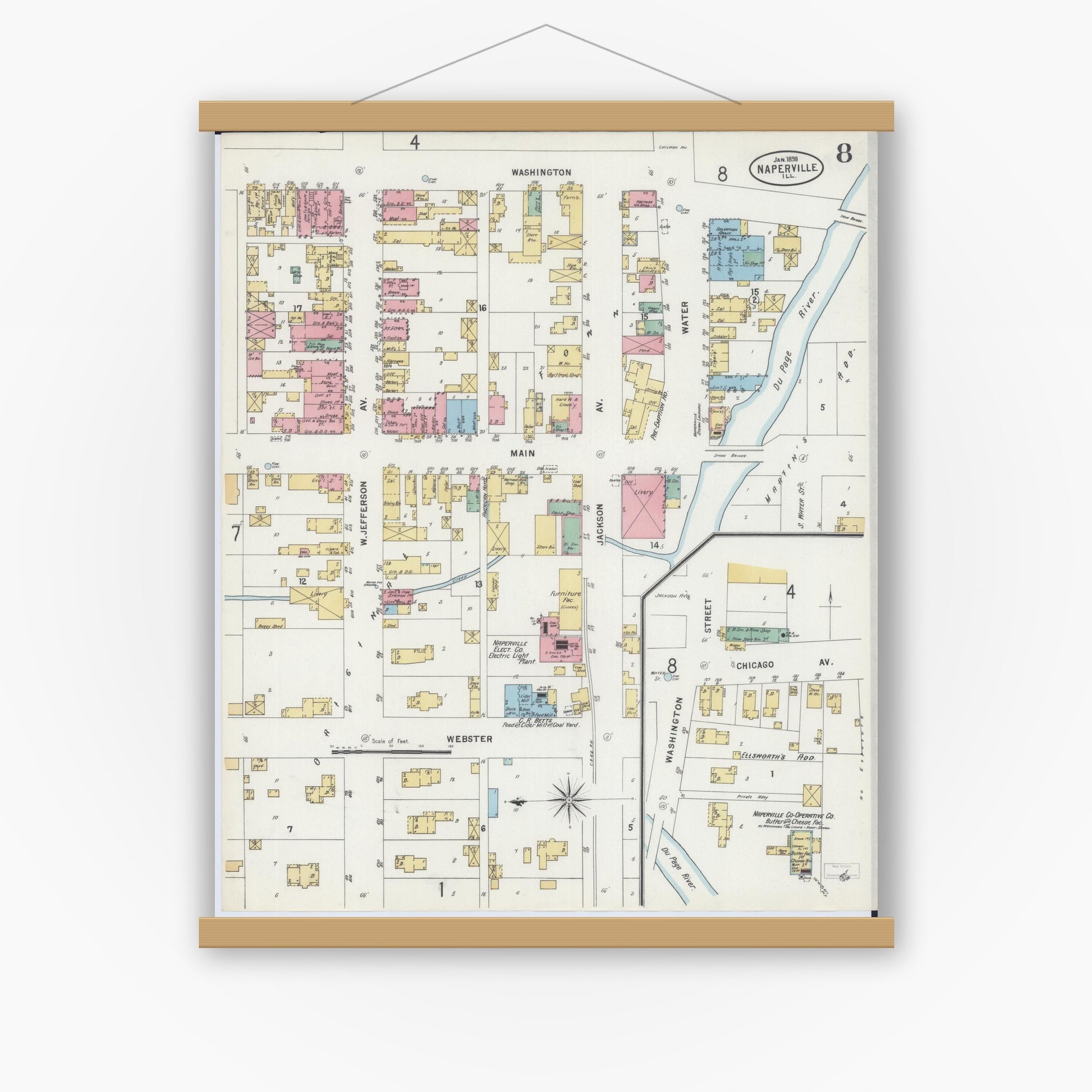 Old map wall art mockup — magnetic wood frame on white wall — Sanborn Fire Insurance Map from Naperville, Du Page County, Illinois (1898), Sheet #0008
