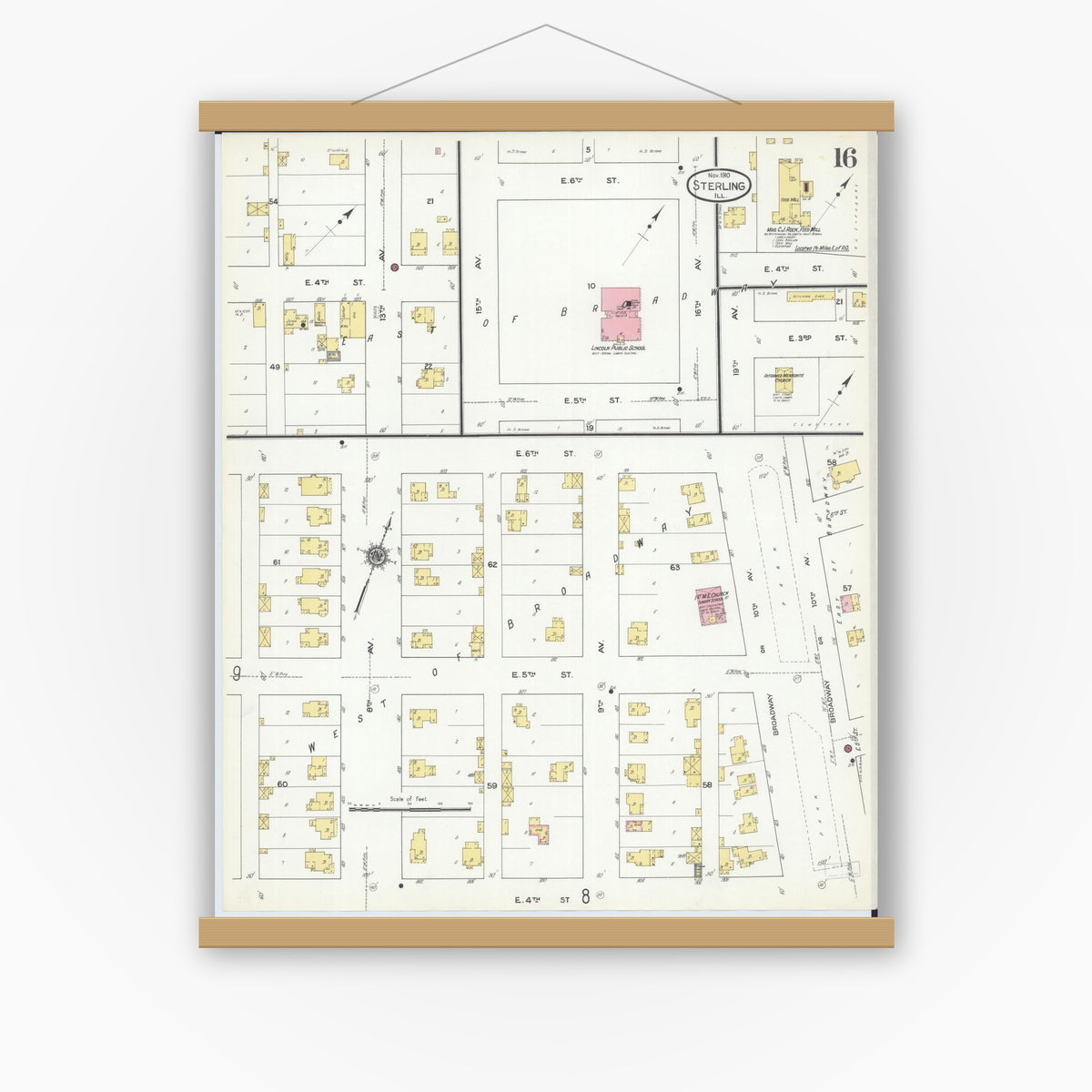Old map wall art mockup — magnetic wood frame on white wall — Sanborn Fire Insurance Map from Sterling, Whiteside County, Illinois (1910), Sheet #0016