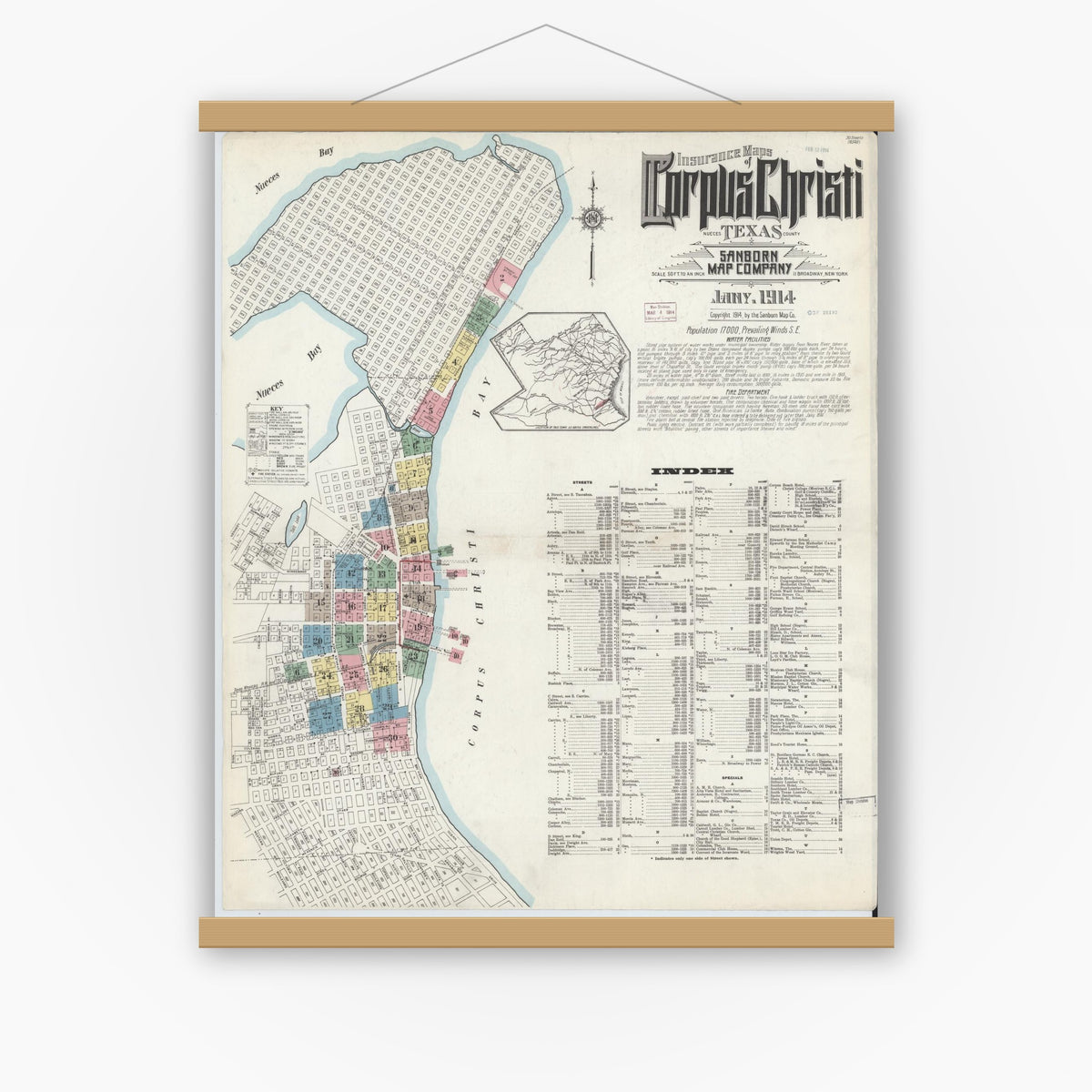 Old map wall art mockup — magnetic wood frame on white wall — Sanborn Fire Insurance Map from Corpus Christi, Nueces County, Texas (1914), Sheet #0001