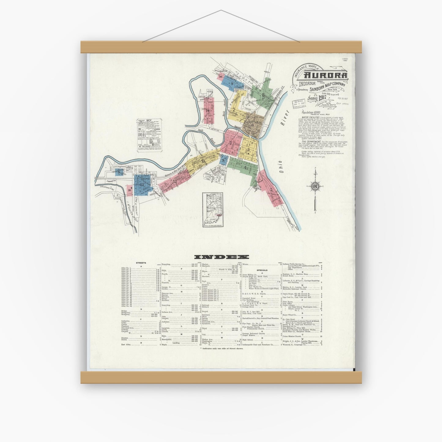 Old map wall art mockup — magnetic wood frame on white wall — Sanborn Fire Insurance Map from Aurora, Dearborn County, Indiana (1917), Sheet #0001