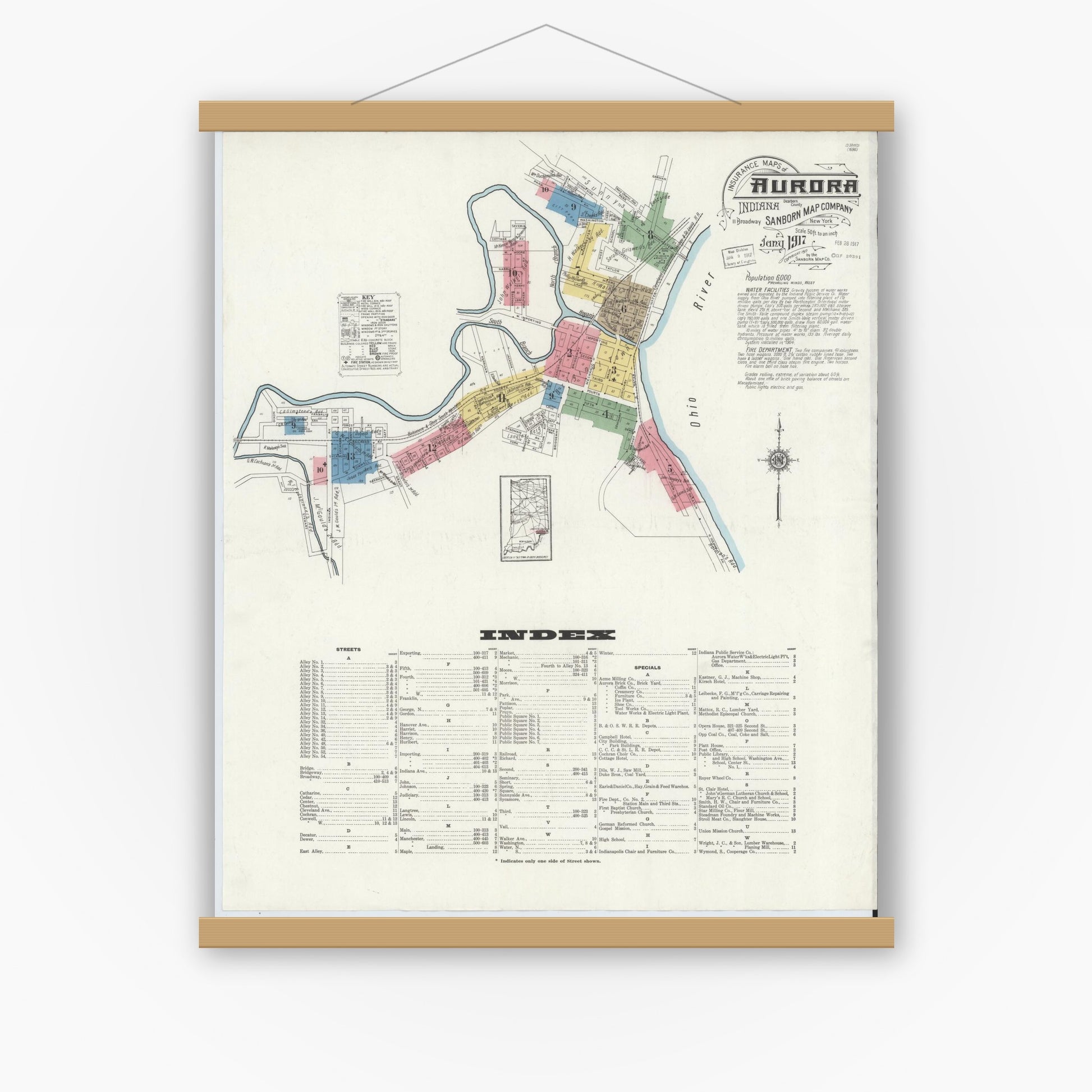 Old map wall art mockup — magnetic wood frame on white wall — Sanborn Fire Insurance Map from Aurora, Dearborn County, Indiana (1917), Sheet #0001