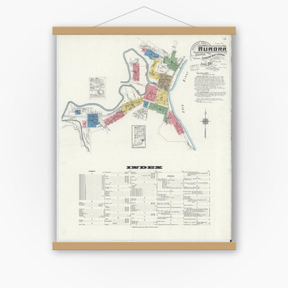 Old map wall art mockup — magnetic wood frame on white wall — Sanborn Fire Insurance Map from Aurora, Dearborn County, Indiana (1917), Sheet #0001