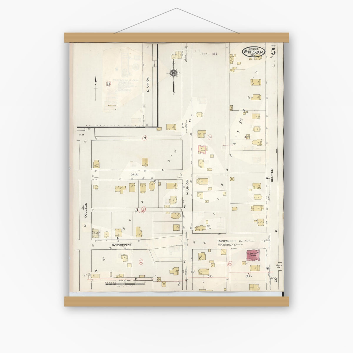 Old map wall art mockup — magnetic wood frame on white wall — Sanborn Fire Insurance Map from Whitesboro, Grayson County, Texas (1943), Sheet #0005