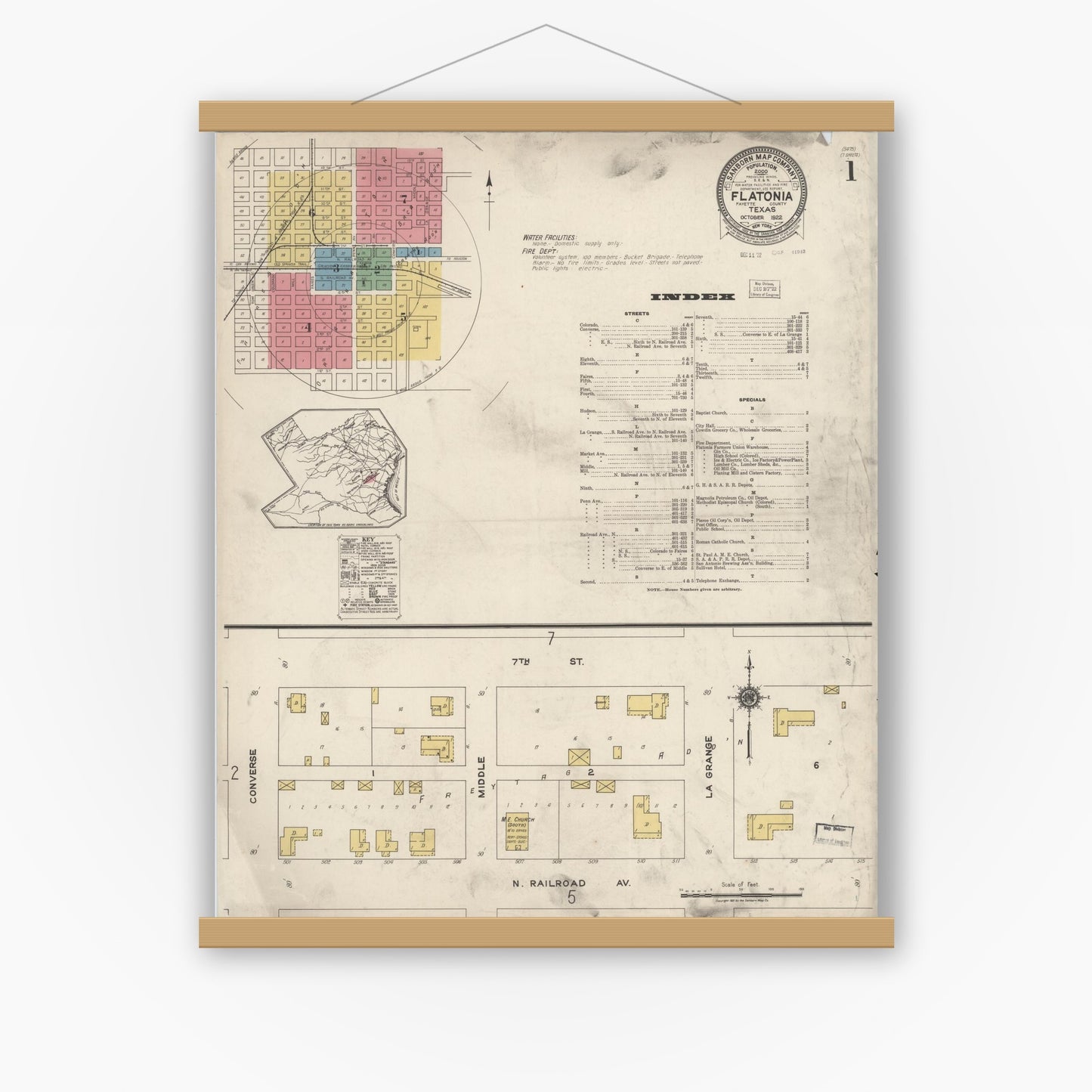 Old map wall art mockup — magnetic wood frame on white wall — Sanborn Fire Insurance Map from Flatonia, Fayette County, Texas (1922), Sheet #0001