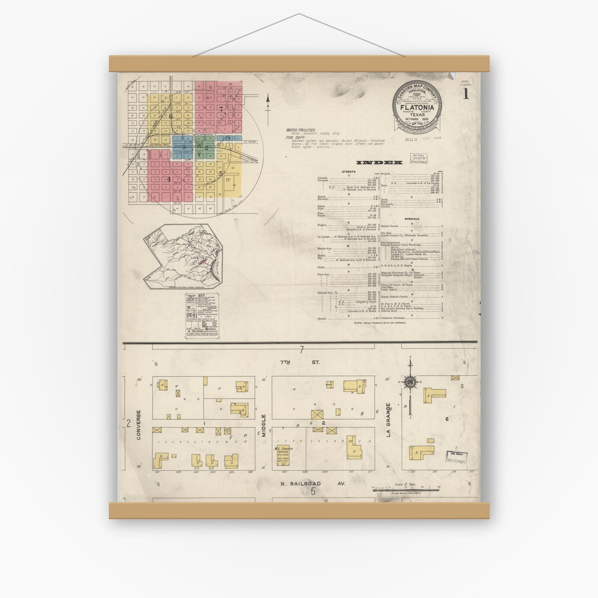Old map wall art mockup — magnetic wood frame on white wall — Sanborn Fire Insurance Map from Flatonia, Fayette County, Texas (1922), Sheet #0001