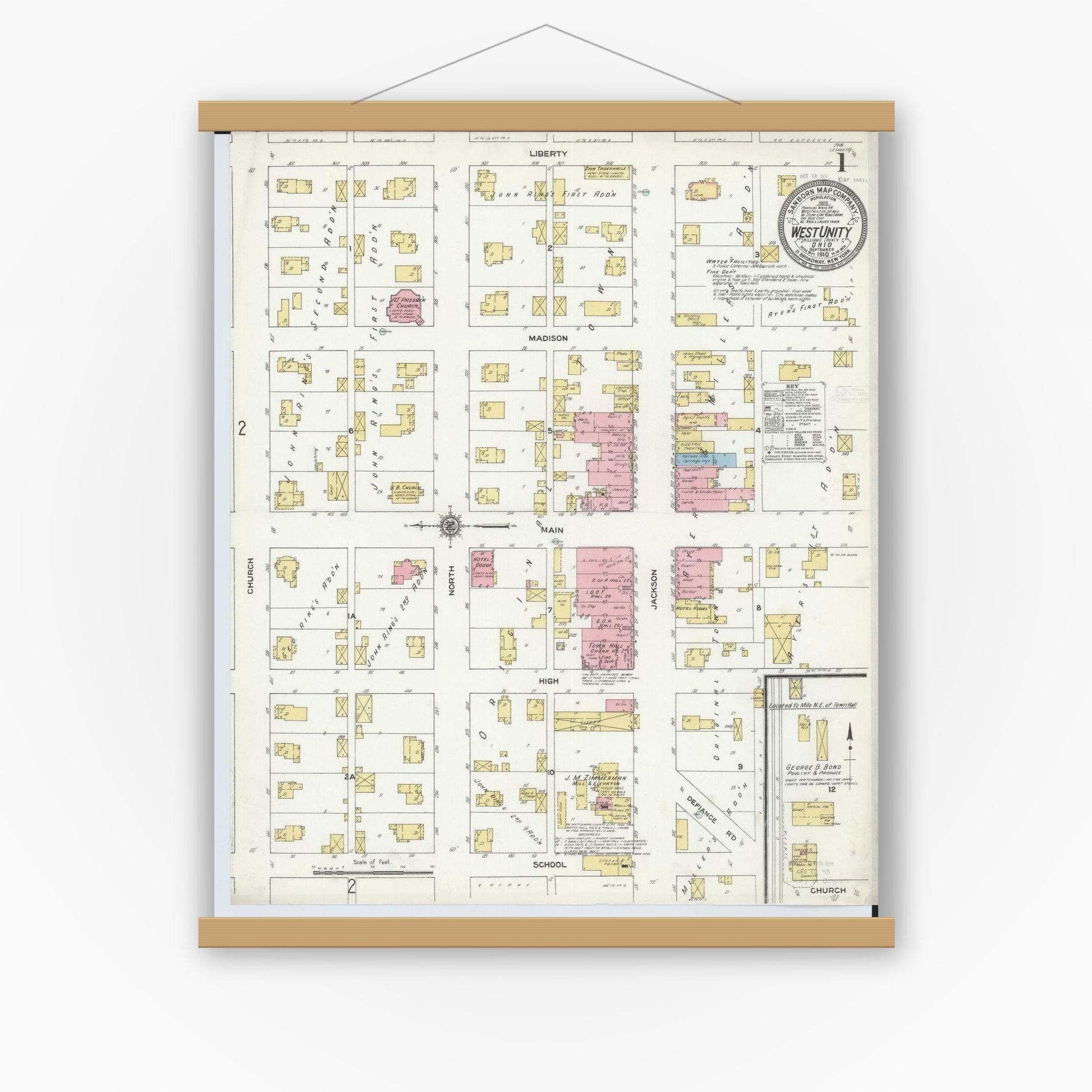 Old map wall art mockup — magnetic wood frame on white wall — Sanborn Fire Insurance Map from West Unity, Williams County, Ohio (1910), Sheet #0001