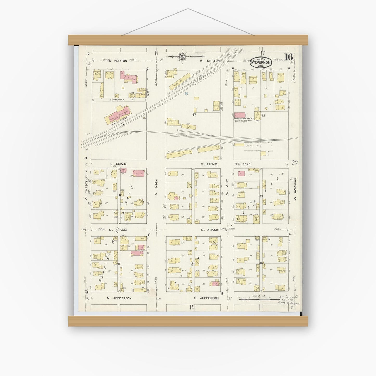 Old map wall art mockup — magnetic wood frame on white wall — Sanborn Fire Insurance Map from Mount Vernon, Knox County, Ohio (1913), Sheet #0016