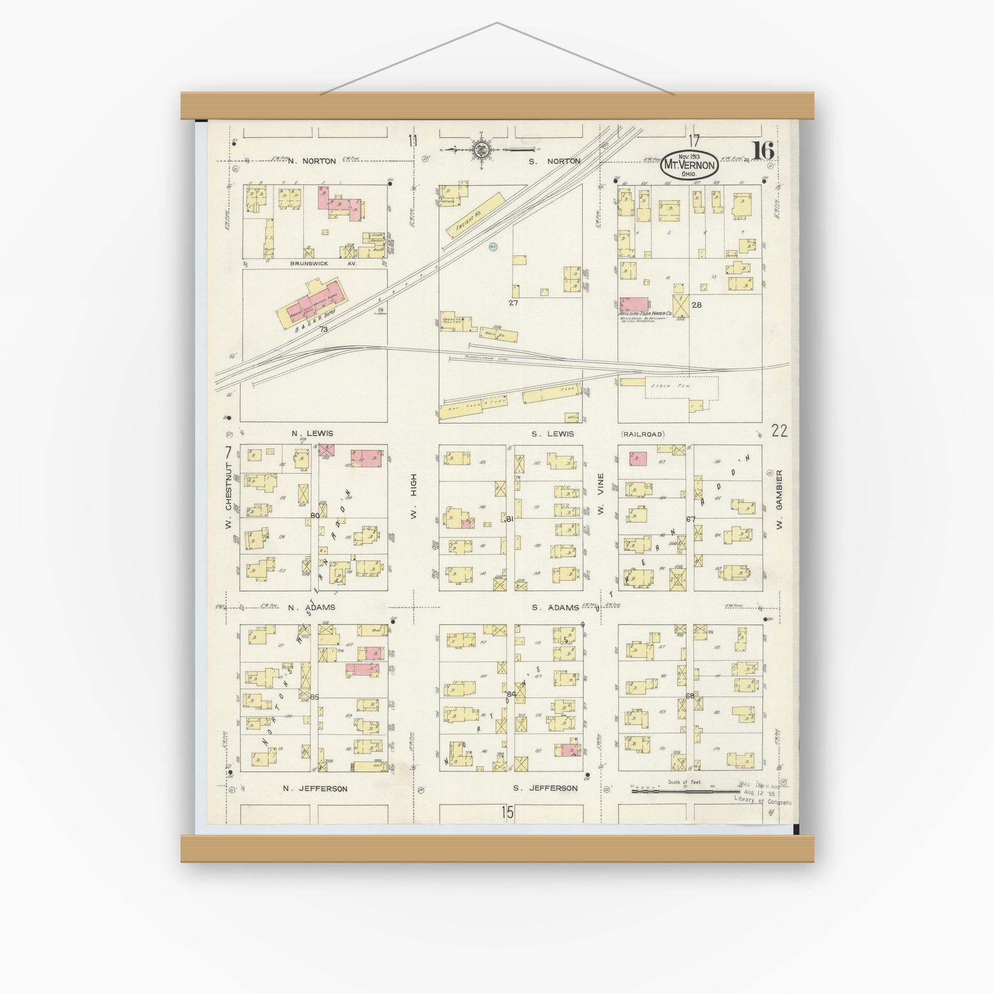 Old map wall art mockup — magnetic wood frame on white wall — Sanborn Fire Insurance Map from Mount Vernon, Knox County, Ohio (1913), Sheet #0016